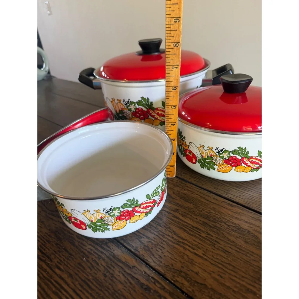 Vintage Enamel Cookware Set 3 Pots Red Lids White Vegetable Print Good Retro 70s